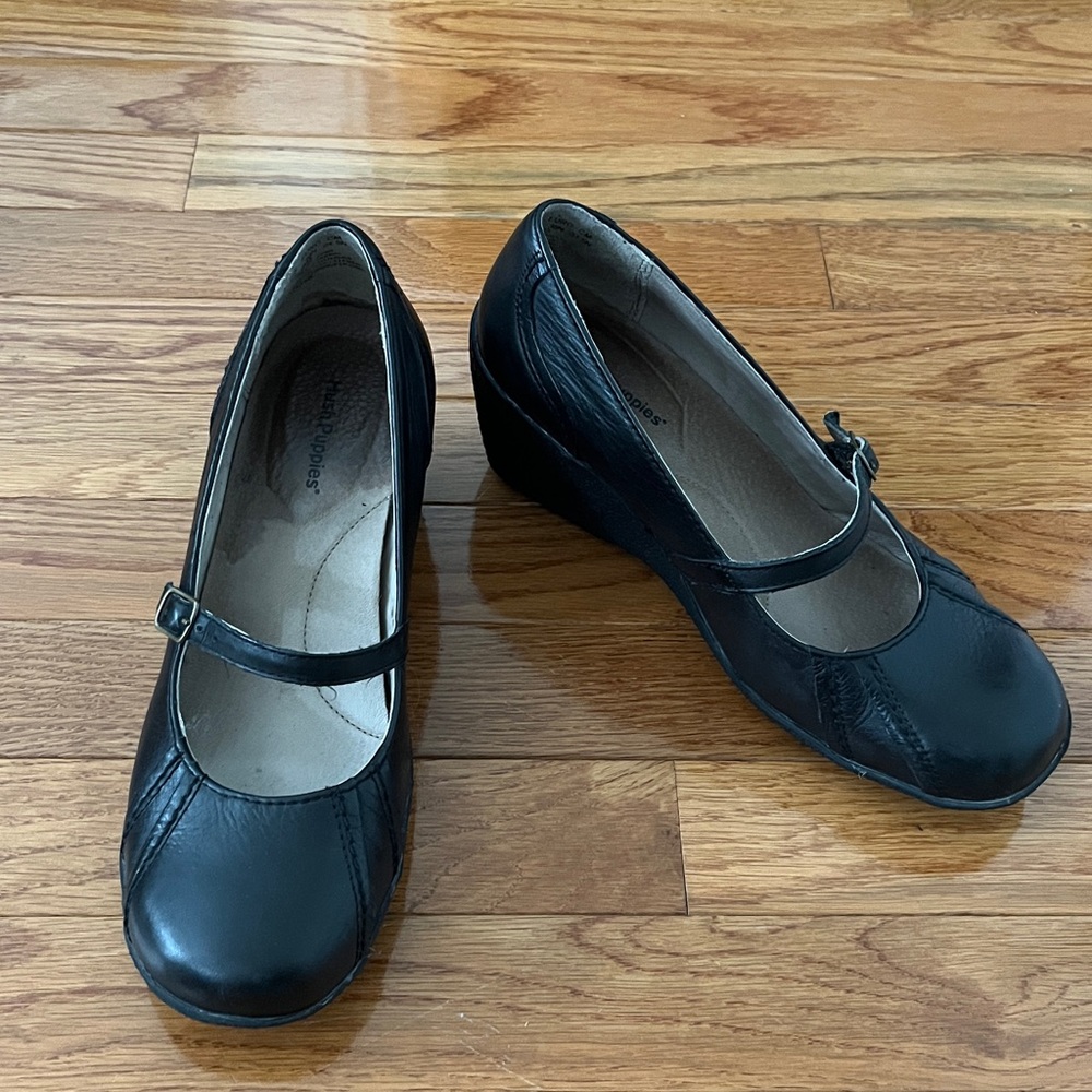 Hush Puppies Women's Black Leather Mary Jane Wedge Dress Shoes Size 8